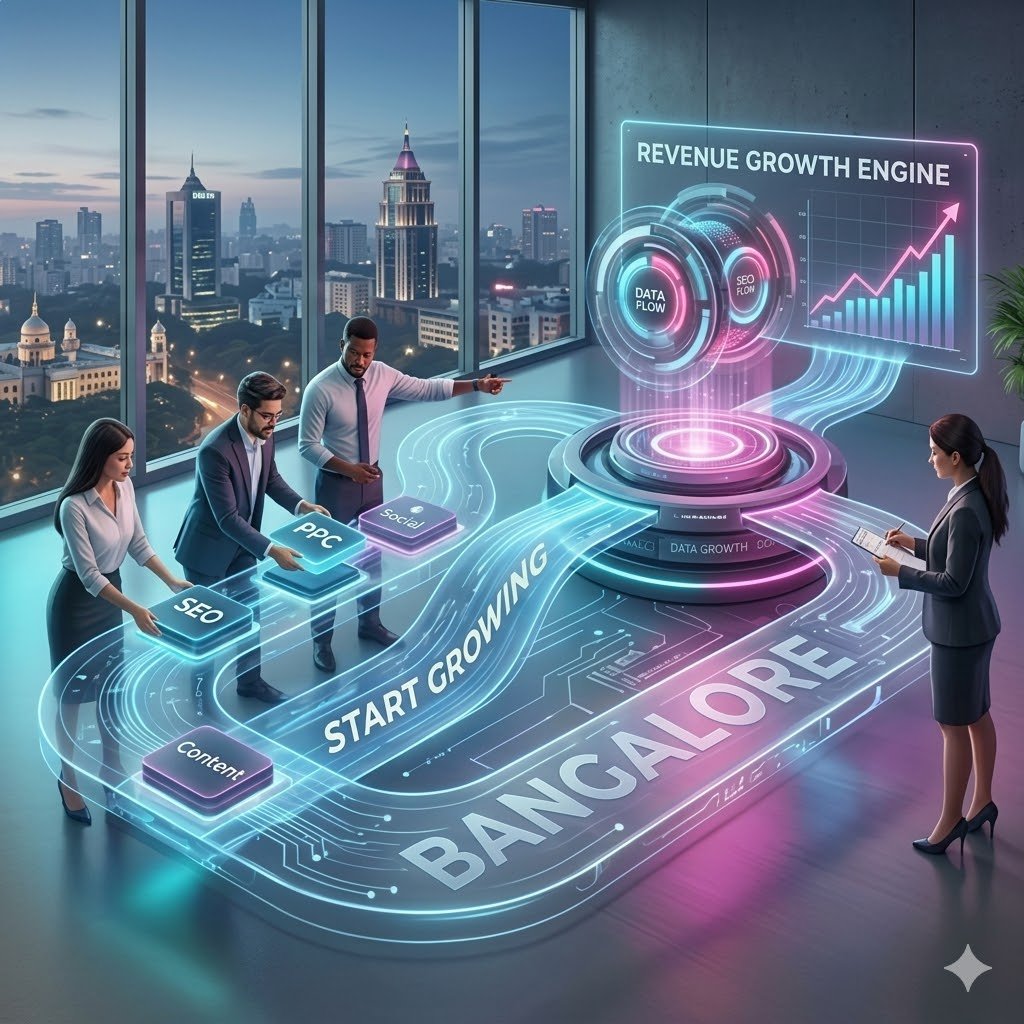Website banner titled "Ready to Turn Your Ambition into Action?" featuring a digital marketing team interacting with a futuristic, illuminated floor grid labeled "Bangalore," directing channels like SEO, PPC, Social, and Content toward a "Revenue Growth Engine" hub.