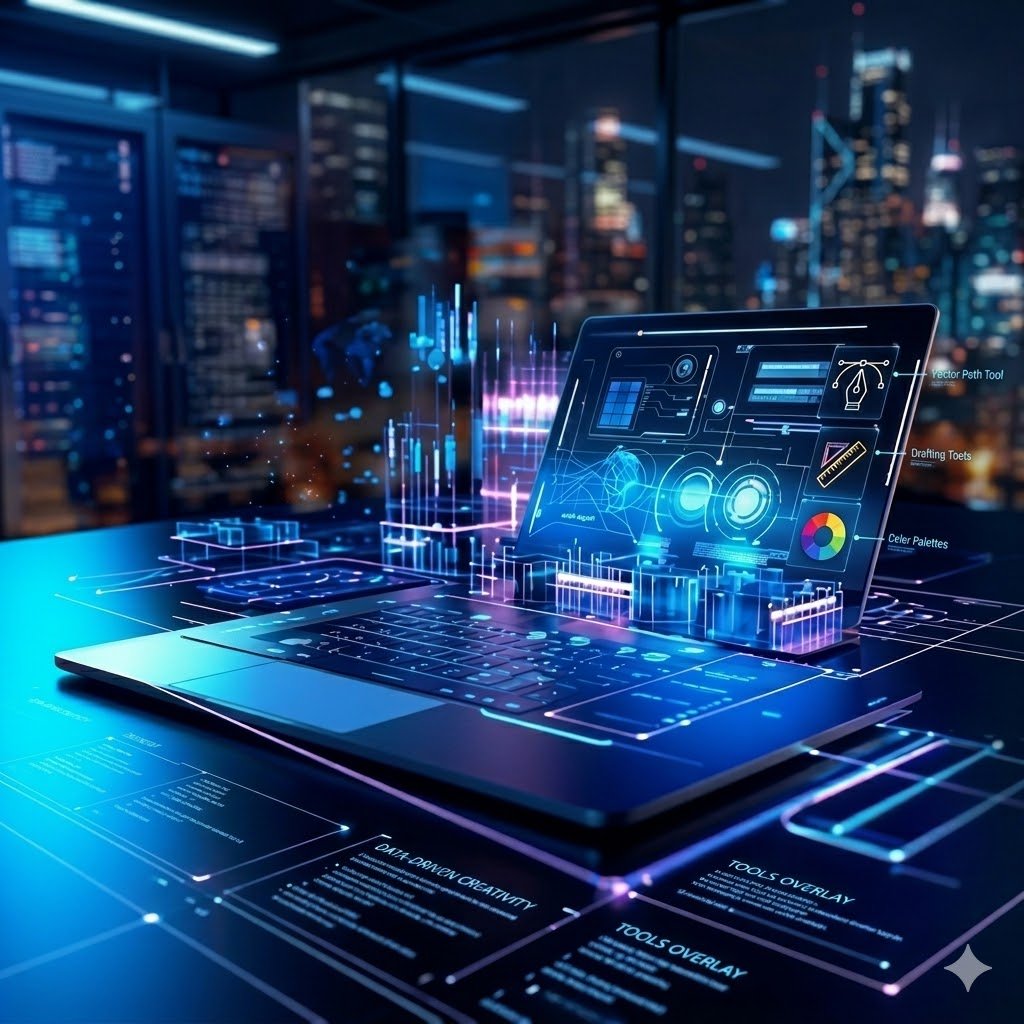 Website banner titled "Creative Graphic Design Services in Bangalore," featuring a laptop on a futuristic blue digital workbench displaying UI design software and a color wheel, against a illuminated city skyline background with a button to request a custom design quote.
