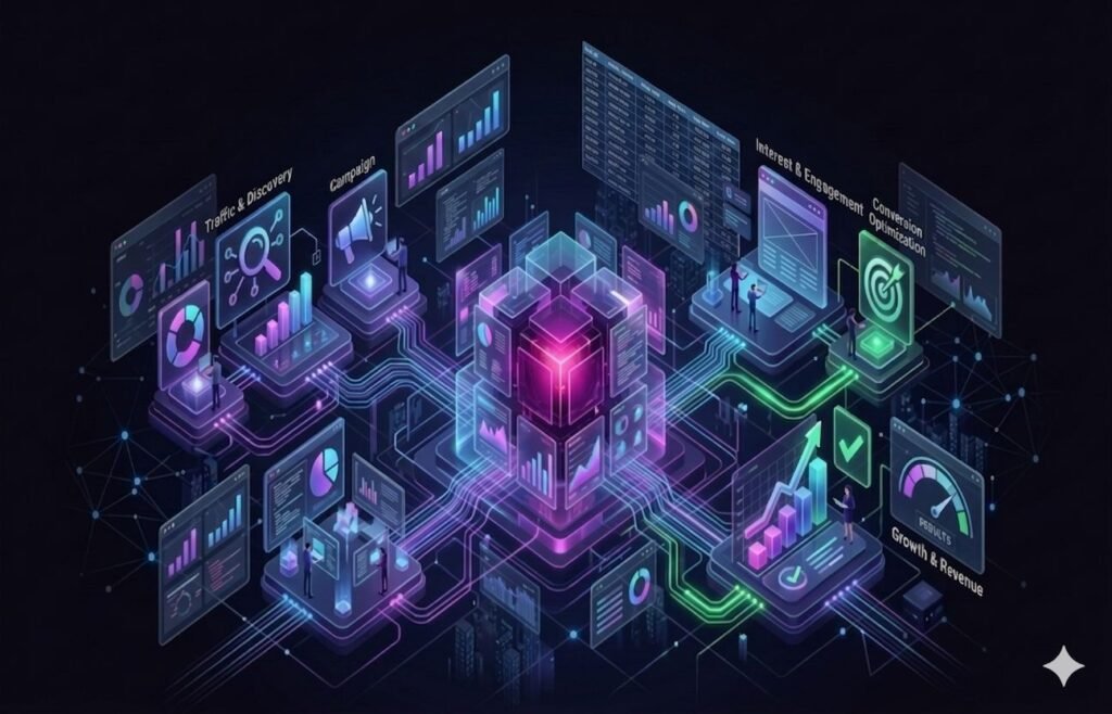 Website banner titled "The Power of One Cohesive Strategy" showcasing an interconnected 3D neon digital network diagram linking traffic, campaigns, engagement, and growth metrics to represent TK Digital Agency's unified SEO, Web Design, and PPC strategies in Bangalore.