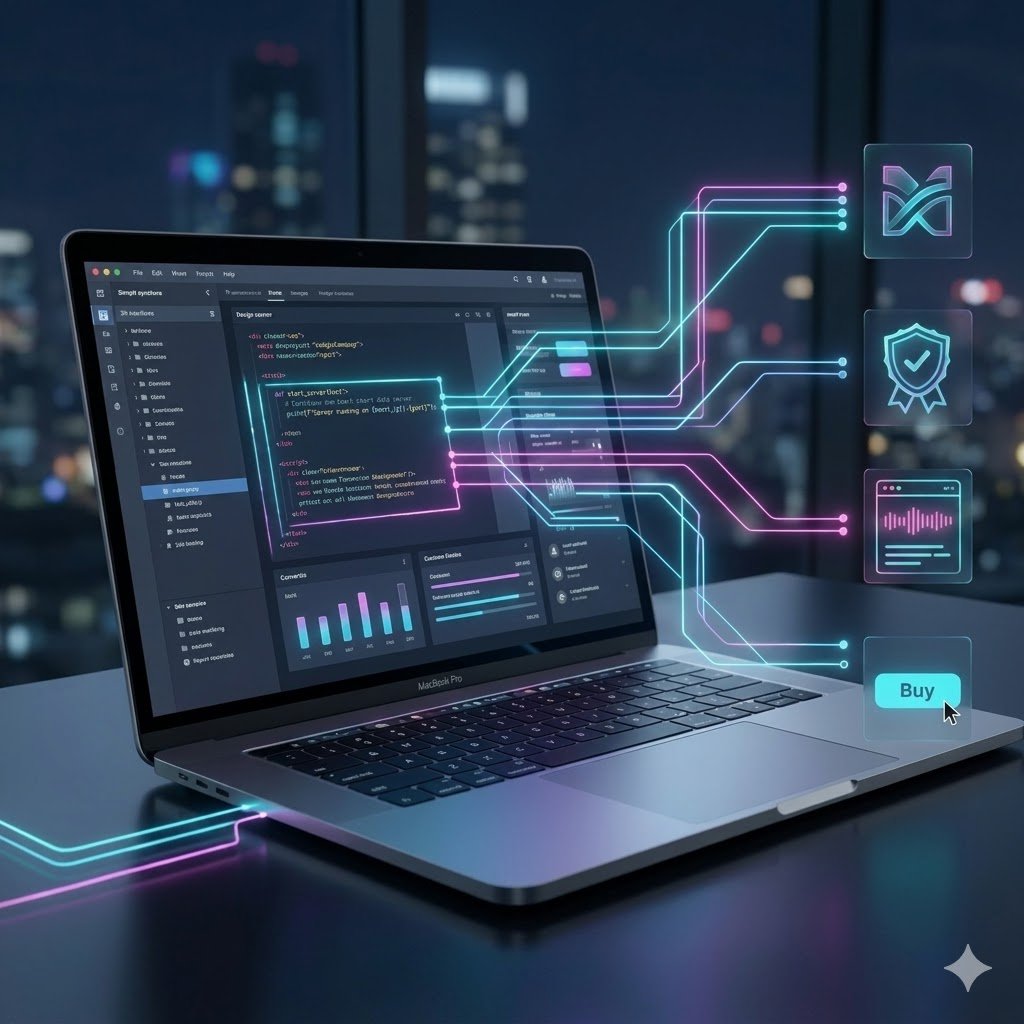 Website section titled "More Than Just Pretty Pictures: The Business Value of Design" by TK Digital Agency, featuring an open laptop displaying web code linked to glowing conversion buttons, illustrating strategic graphic design services in Bangalore.