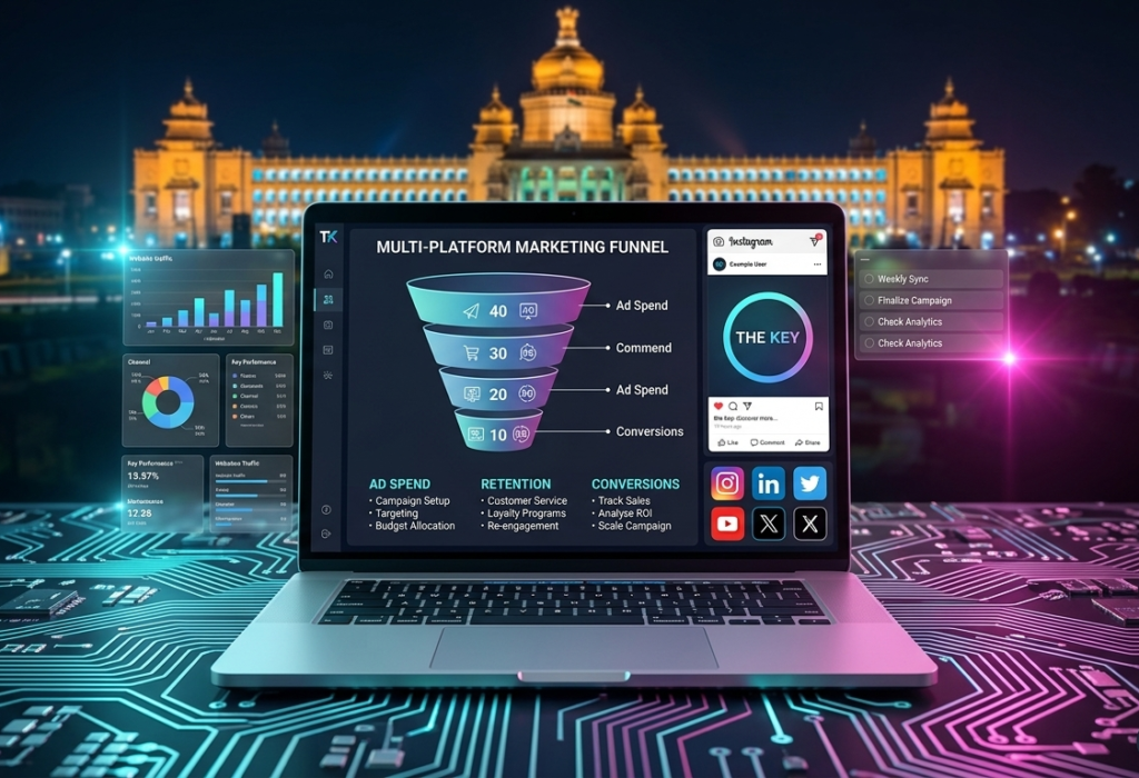 Website section titled "From Rough Idea to Polished Masterpiece" by TK Digital Agency, featuring an open laptop displaying a multi-platform marketing funnel and analytics dashboards resting on a glowing circuit board, set against the illuminated Vidhana Soudha in Bangalore at night.