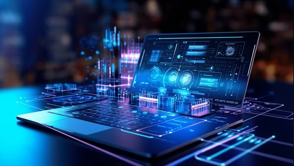 Website banner titled "Ready to Make Your Brand Unforgettable?" featuring an open laptop displaying advanced brand design blueprints and digital graphics on a glowing tech workspace, promoting TK Digital Agency's visual identity services in Bangalore.
