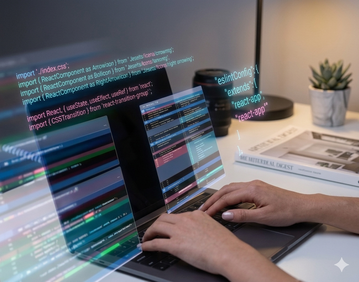 Website banner titled "TK Digital Agency - Our Mission: Simplifying Digital Growth for Bangalore Businesses," showing hands typing on a laptop with React web development code overlays, highlighting transparent SEO plans and ROI-focused digital strategies.