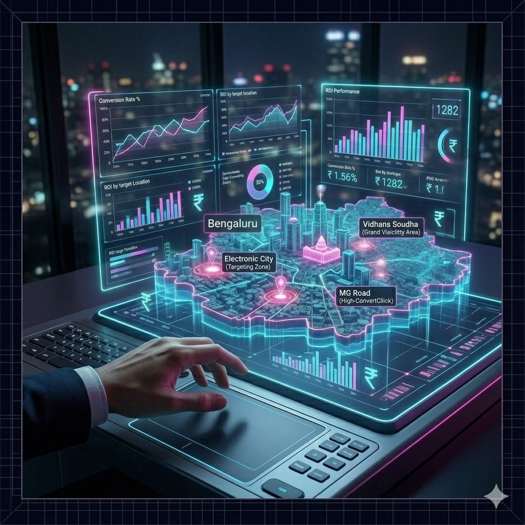 Website banner titled "ROI-Driven PPC Management in Bangalore | Maximize Ad Spend," featuring a marketer's hand interacting with a glowing 3D holographic map of Bengaluru displaying localized ad targeting data for Electronic City and MG Road alongside a call-to-action to get a free ROI audit.