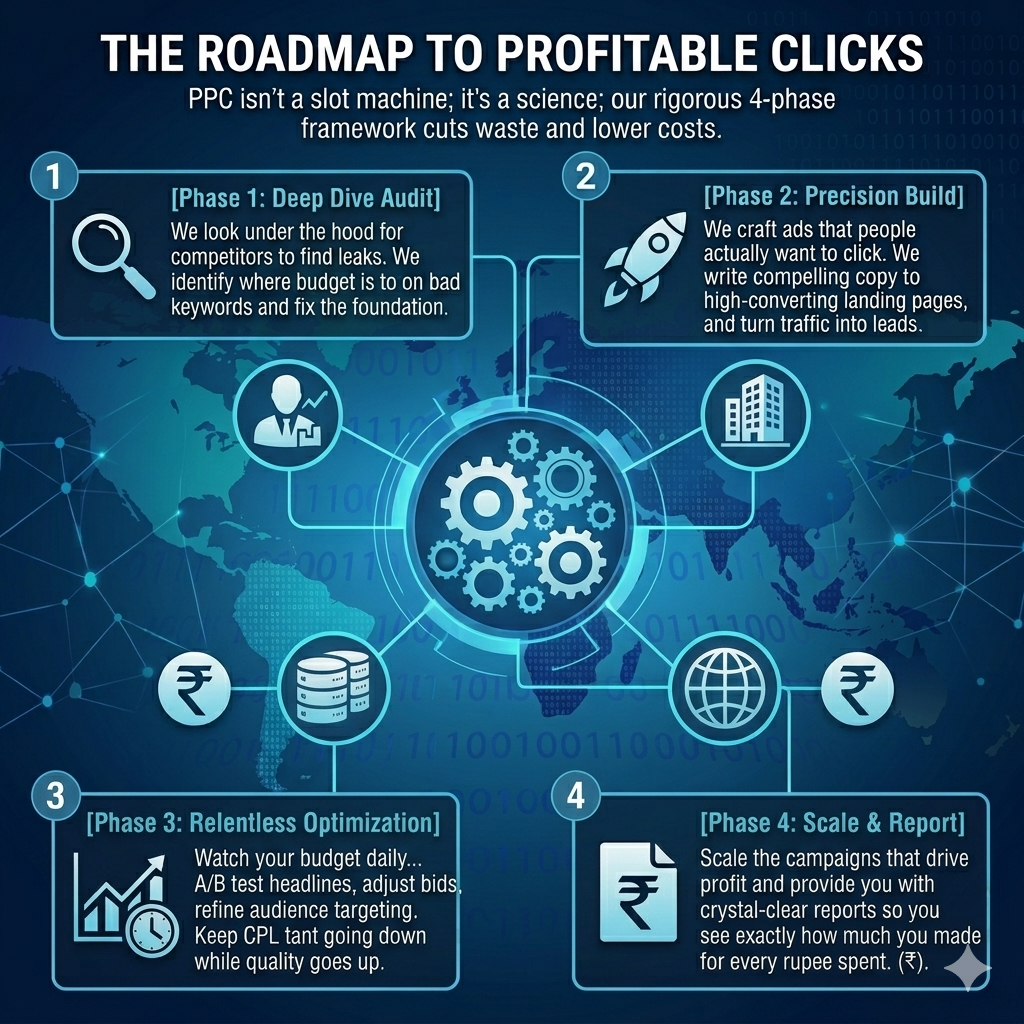 Website section titled "The Roadmap to Profitable Clicks" by TK Digital Agency, featuring an infographic of a rigorous 4-phase PPC framework (Deep Dive Audit, Precision Build, Relentless Optimization, and Scale & Report) surrounding central interlocking gears and Indian Rupee currency symbols.