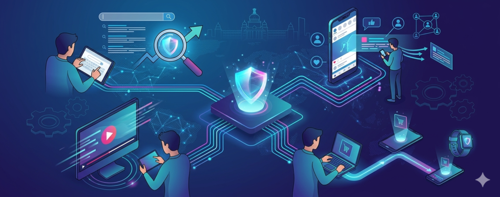 Website section titled "We Meet Your Customers Where They Are" by TK Digital Agency, featuring an isometric 3D network illustration of marketers managing Google Search Ads, Social Media Ads, Remarketing Campaigns, and YouTube Video Ads across a unified digital system in Bangalore.