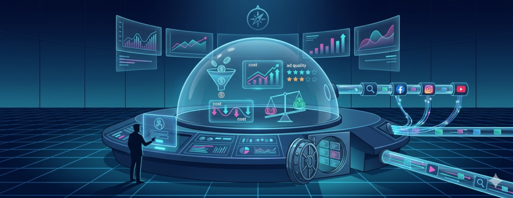 Website section titled "Your Budget, Your Rules. 100% Transparency" by TK Digital Agency, featuring an illustration of a marketer at a futuristic command console with a glowing glass dome dashboard tracking real-time ad spend, ROAS, and lower CPA metrics.