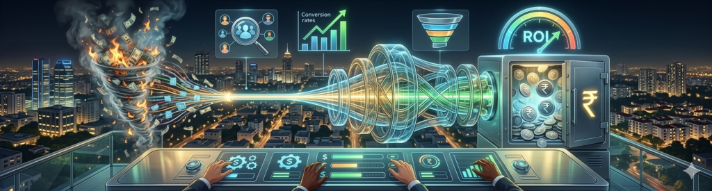 Website banner titled "Tired of Burning Cash on Ads That Don't Convert?" featuring a futuristic digital control station that routes a data funnel away from a burning tornado of cash and into a high-ROI safe filling with Indian Rupee coins, promoting TK Digital Agency's PPC services in Bangalore.
