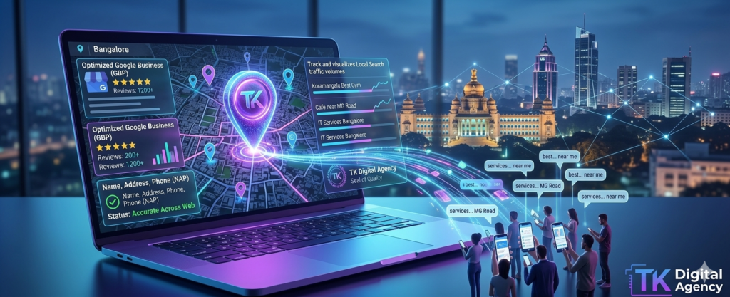 Website section titled "Win Your Neighborhood: Dominating Local Search in Bangalore" by TK Digital Agency, featuring an open laptop displaying a Google Maps tracking interface with a glowing custom map pin, set against the illuminated Vidhana Soudha at night.