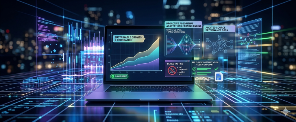 Website section titled "Growth That Lasts: Ethical Strategies, Zero Risk" by TK Digital Agency, featuring an open laptop displaying a steady organic growth line chart labeled "Sustainable Growth & Foundation" next to algorithm compliance and data auditing interface graphics.