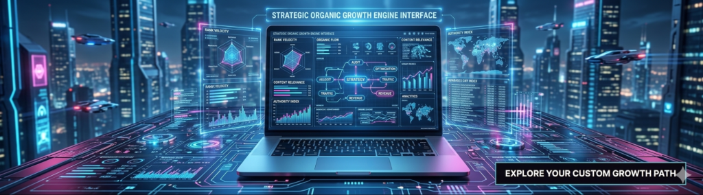 Website banner titled "Ready to Rank Higher and Grow Organically?" featuring an open laptop displaying a "Strategic Organic Growth Engine Interface" with spider charts and analytics data, promoting TK Digital Agency's custom SEO roadmap services in Bangalore.