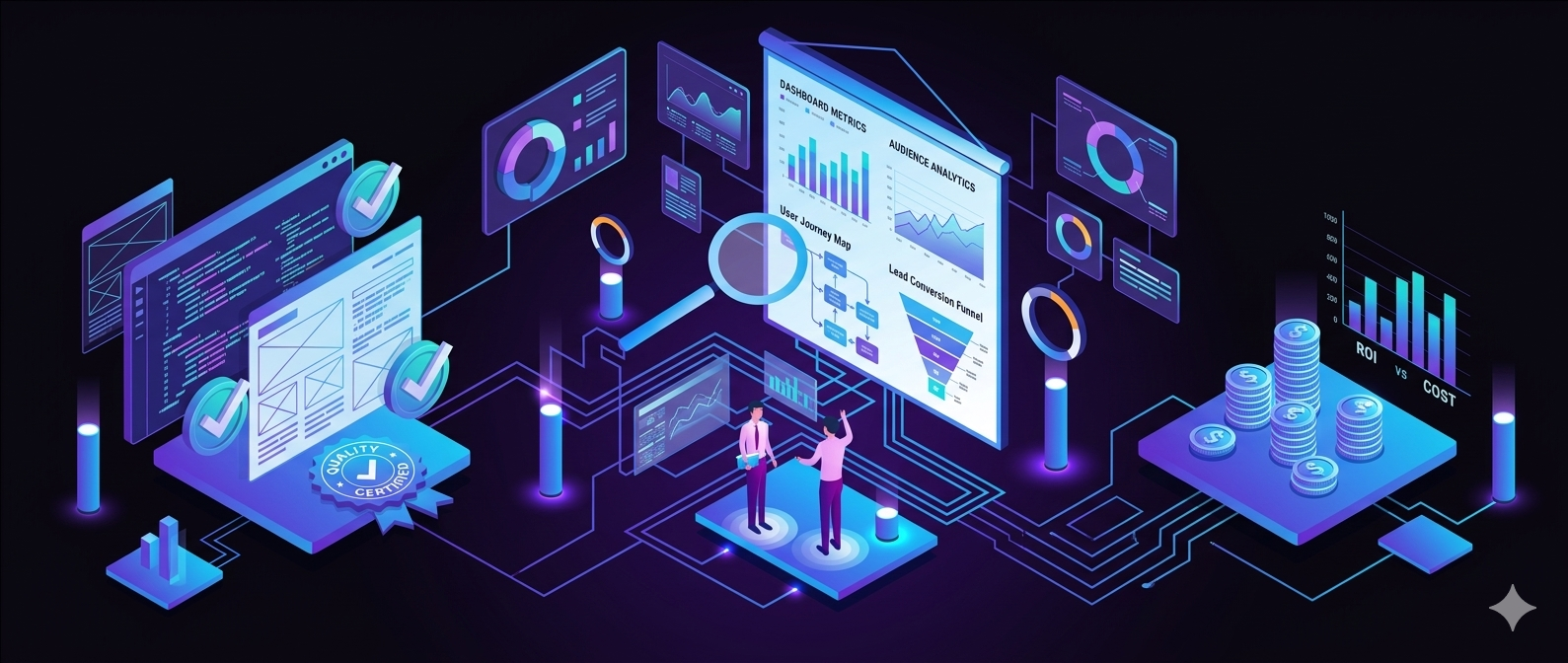 Website section titled "Strategies Built for User Experience and High Lead Conversion" by TK Digital Agency, featuring an isometric 3D illustration of analysts presenting website conversion funnels, user journey maps, and audience analytics charts to promote digital growth services in Bangalore.