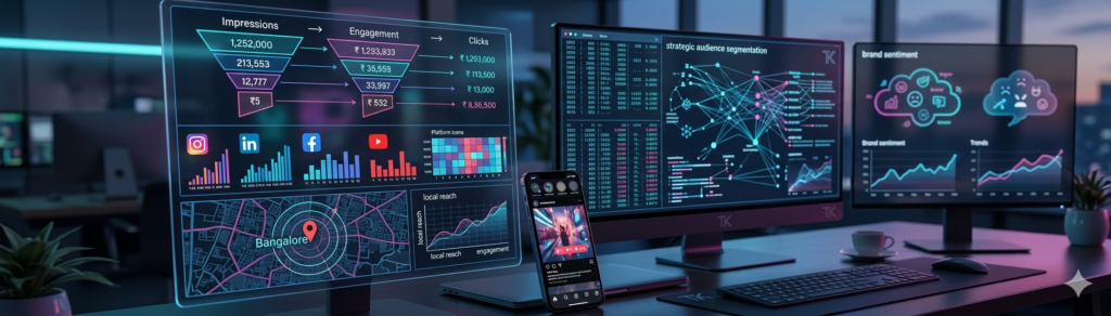 "Strategic Social Media Marketing Agency in Bangalore," featuring a digital command center workstation with an interactive glass screen displaying a social media conversion funnel (Impressions, Engagement, Clicks) for Instagram, LinkedIn, Facebook, and YouTube, next to a call-to-action button to claim a free social audit.