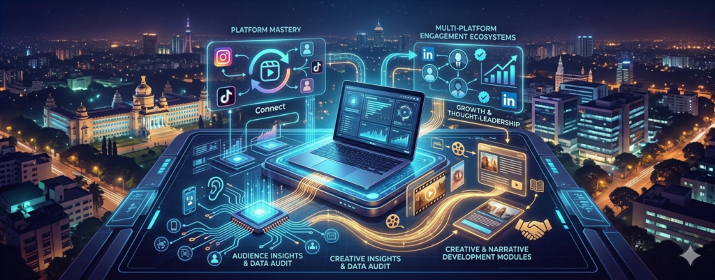 "More Than Just 'Posting'—The Strategy Behind Real Engagement" by TK Digital Agency, featuring an open laptop displaying audience insights connected to a multi-platform engagement network for Instagram, TikTok, LinkedIn, and Facebook over the Bangalore cityscape.