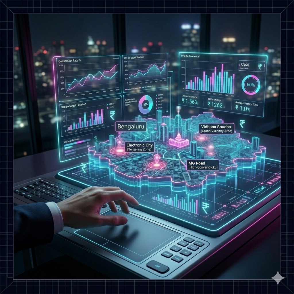 "Your All-In-One Social Media Toolkit" by TK Digital Agency, featuring a marketer's hand controlling a 3D holographic map of Bengaluru showing targeted platform demographics for Electronic City, MG Road, and Vidhana Soudha alongside social ad performance charts.