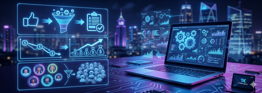 "Real Numbers, Real Business Impact" by TK Digital Agency, featuring an open laptop showing operations dashboards next to a glowing social-media-to-sales funnel diagram over a night skyline, illustrating transparent ROI tracking for businesses in Bangalore.