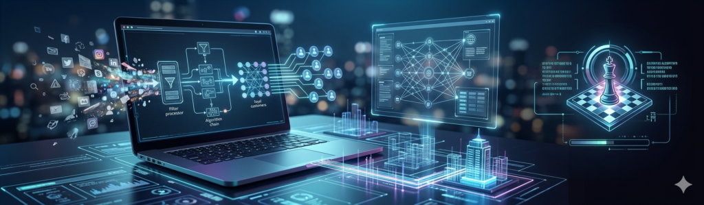"Ready to Turn 'Likes' Into Loyal Customers?" featuring a high-tech digital workstation with an open laptop and a glowing holographic dashboard displaying a king chess piece on a chessboard, representing TK Digital Agency's data-backed social media strategy services in Bangalore.
