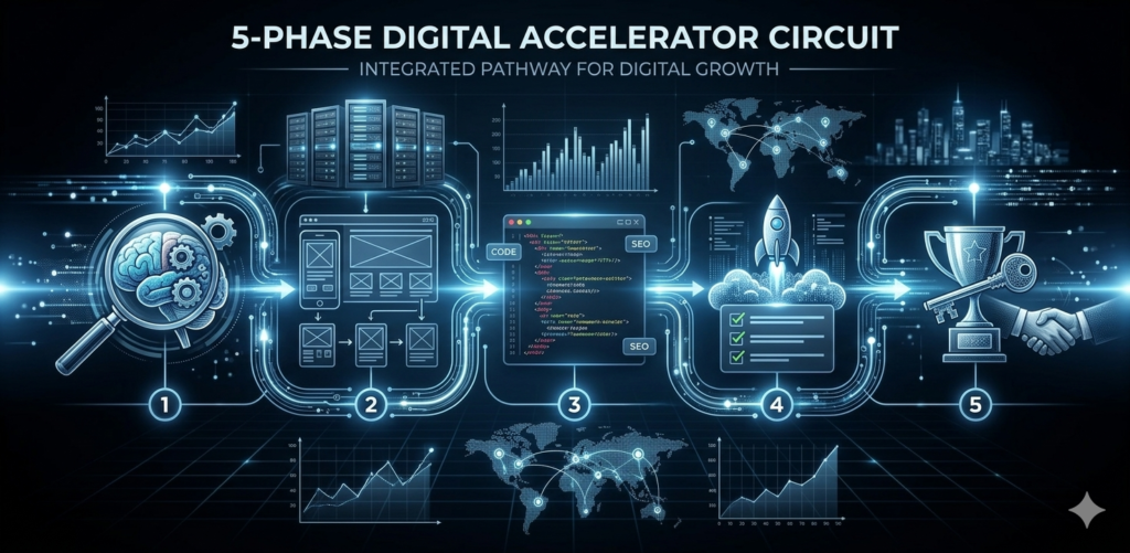"Your 5-Step Roadmap to a High-Performance Website" by TK Digital Agency, featuring a "5-Phase Digital Accelerator Circuit" graphic that illustrates the web design process from discovery and UX wireframing to coding, rocket launch, and successful client handoff in Bangalore.