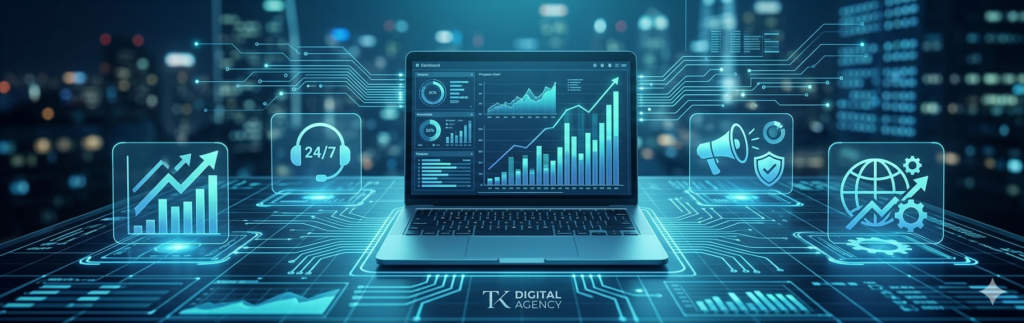 "Tailored Web Solutions That Grow With You" by TK Digital Agency, featuring an open laptop displaying upward-trending growth charts surrounded by holographic icons for 24/7 support, marketing, and global reach, representing scalable, custom web design services in Bangalore.