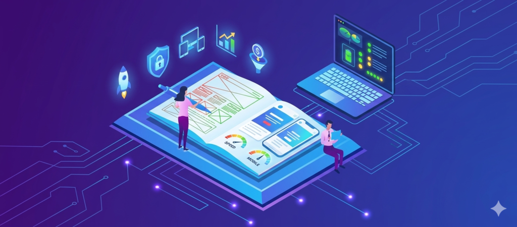 "Is Your Website Helping You Grow, or Holding You Back?" by TK Digital Agency, featuring an isometric 3D illustration of developers upgrading a website wireframe with floating icons for speed, security, mobile responsiveness, and SEO growth, promoting a free website health check in Bangalore.