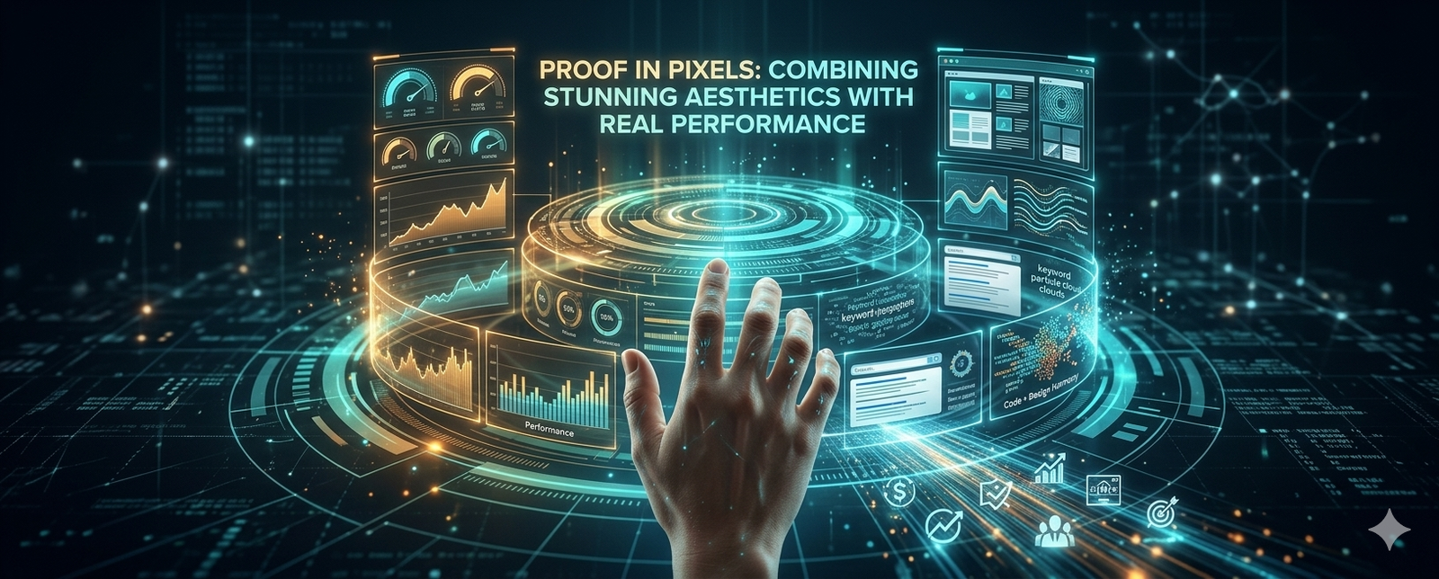 "Proof in Pixels: Combining Stunning Aesthetics with Real Performance" by TK Digital Agency, featuring a human hand interacting with a glowing, futuristic 3D holographic dashboard that displays website performance analytics, growth charts, and web UI screens, highlighting successful web design results in Bangalore.