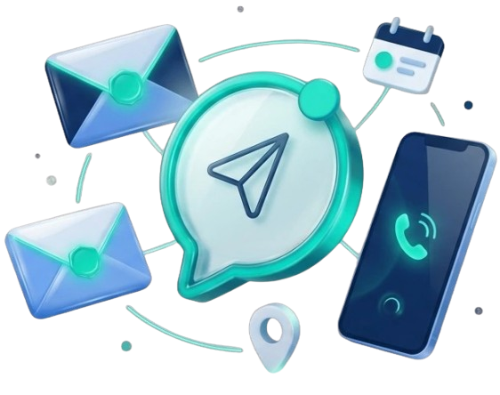 Contact Us section banner for TK Digital Agency in Bangalore, featuring 3D graphics of email envelopes, a smartphone, and a chat bubble with a paper airplane icon, next to text inviting clients to reach out for SEO audits, custom Web Design quotes, and marketing strategies.