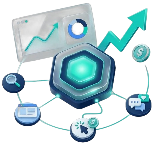 Website banner for TK Digital Agency titled "Full-Service Digital Marketing Agency in Bangalore," featuring 3D icons for SEO, web design, and PPC surrounding a glowing central core, alongside growth charts showing measurable business revenue.