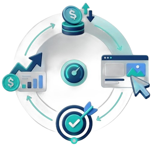 Website banner titled "ROI-Driven PPC Management in Bangalore | Maximize Ad Spend," featuring a 3D digital illustration of an optimization cycle showing a web ad browser, a bullseye target, growth bar charts, and stacked dollar coins, representing TK Digital Agency’s pay-per-click services.