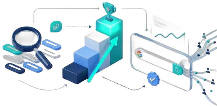 Website banner titled "Expert SEO Services in Bangalore | Drive Organic Traffic," featuring a 3D digital illustration of a search engine optimization growth cycle containing a magnifying glass, a rising bar chart with a first-place trophy, and a Google search bar channeling traffic stream nodes, representing TK Digital Agency's white-hat SEO strategies.