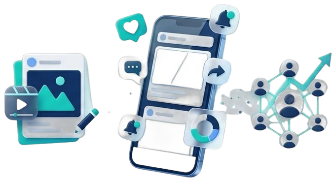 "Strategic Social Media Marketing Agency in Bangalore," featuring a 3D digital illustration of a smartphone displaying a social media feed, flanked by content creation assets like a video player, image frames, notification bells, and an expanding audience network diagram for TK Digital Agency.