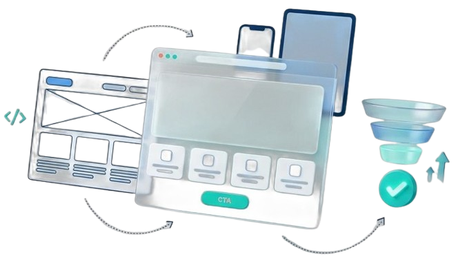 "Professional Web Design Services in Bangalore" by TK Digital Agency, featuring a 3D illustration of the web development process flowing from a wireframe sketch and code brackets to a responsive desktop and mobile interface with a CTA button, culminating in a lead conversion funnel.